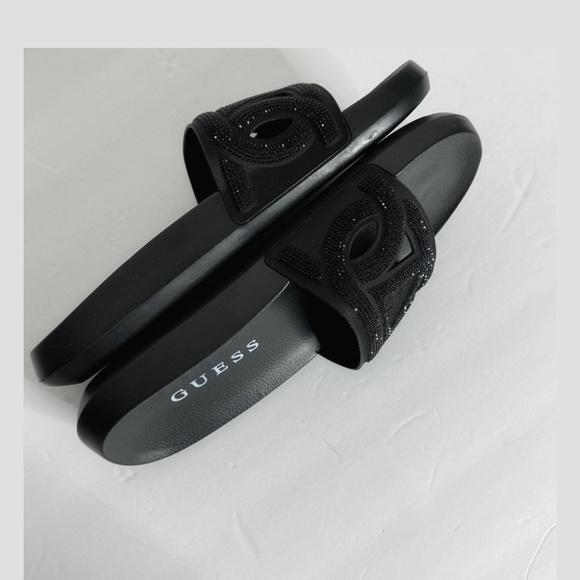 NWT Guess Payca Slides Black Rhinestone Sandals Open Toe Slip Ons Shimmer Sz 9 - Picture 7 of 13